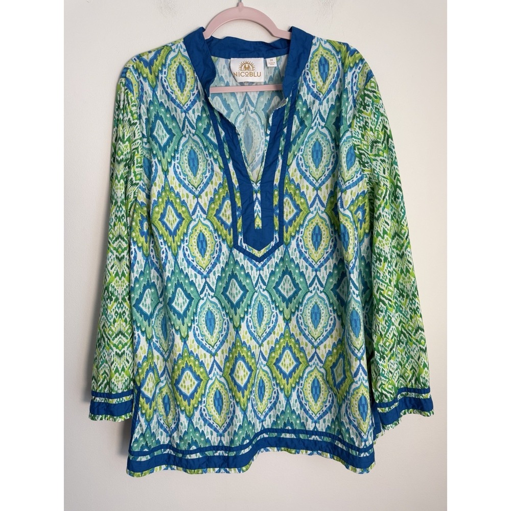 NicoBlu Nicobar Top Blouse Tunic Jungle Green Ikat Size 2X Vacation Beach Shirt